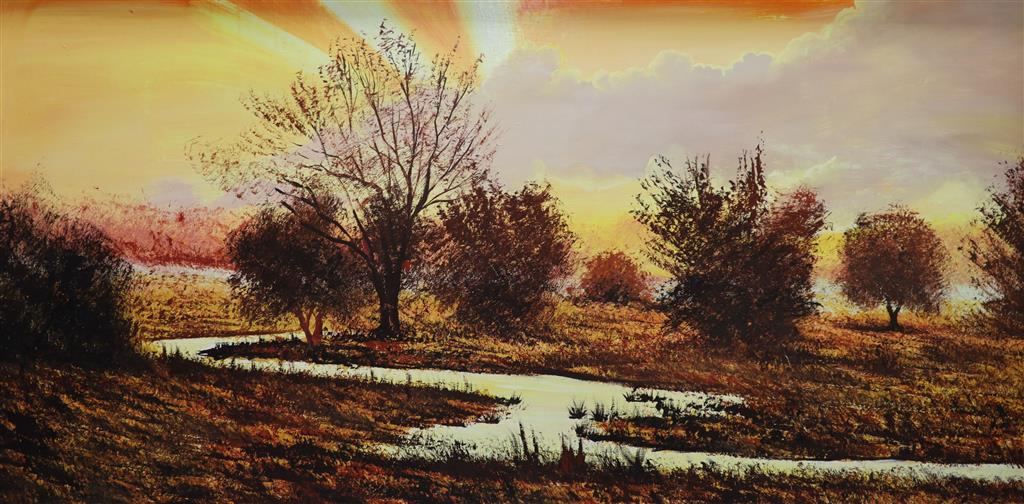 A modern oil on board, River landscape at sunrise, 60 x 120cm